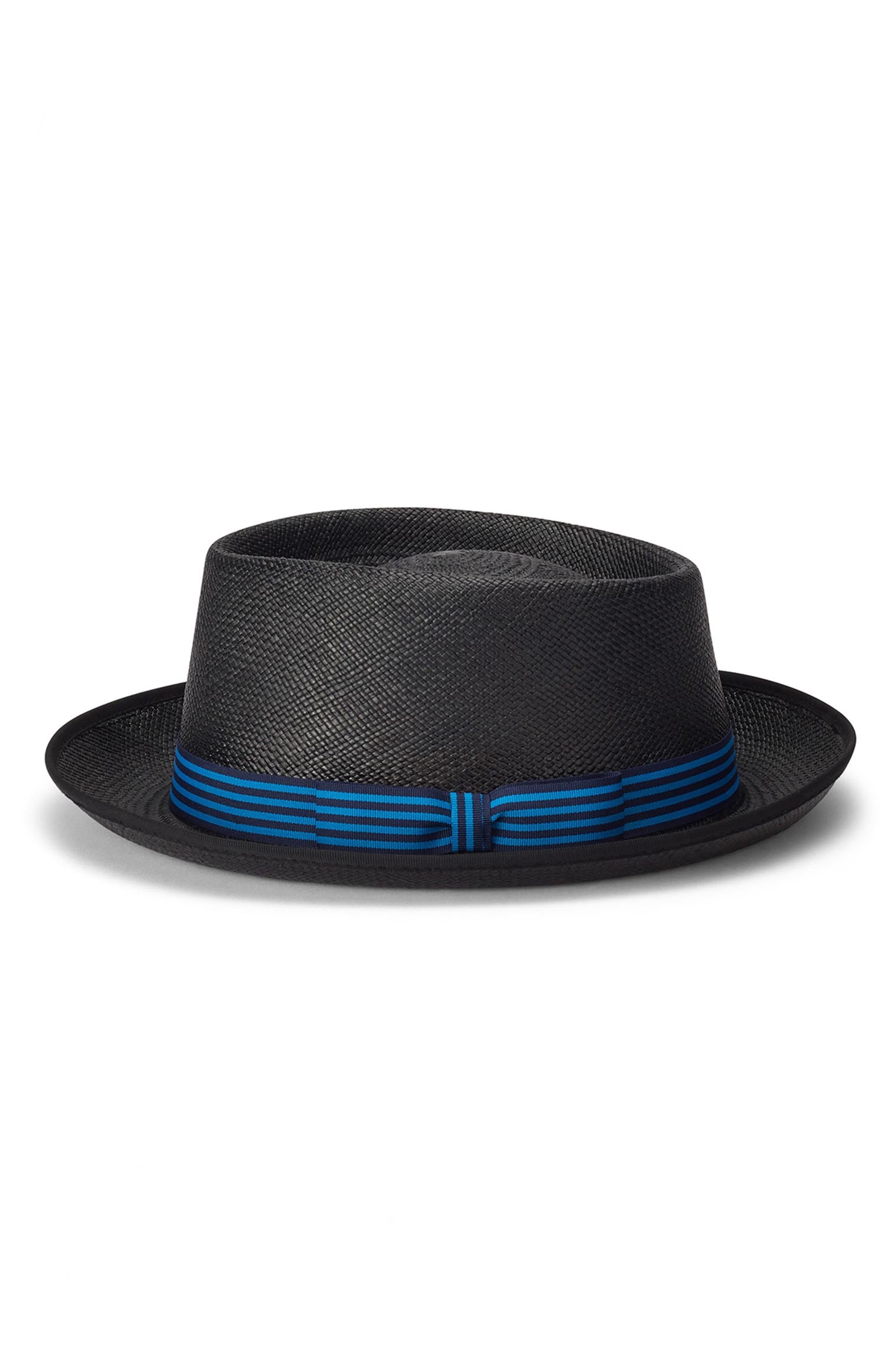 BLACK NARROW-BRIMMED PANAMA HAT WITH A BLUE STRIPED RIBBON BAND AND BOW FROM THE LOCK & CO. HATTERS X 007 BOND COLLECTION