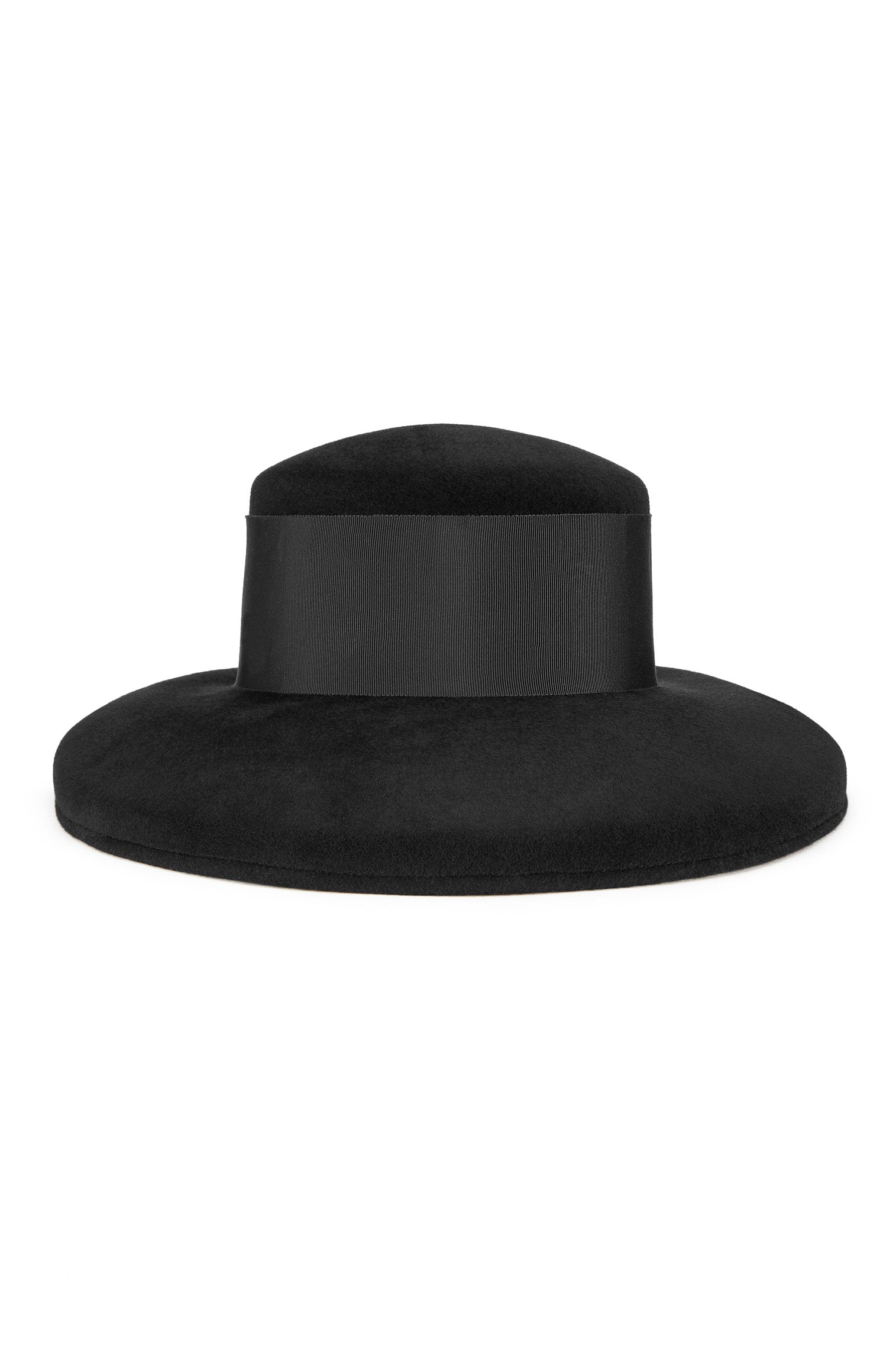 BLACK RABBIT FUR FELT DROP-BRIM HAT WITH WIDE BLACK BAND