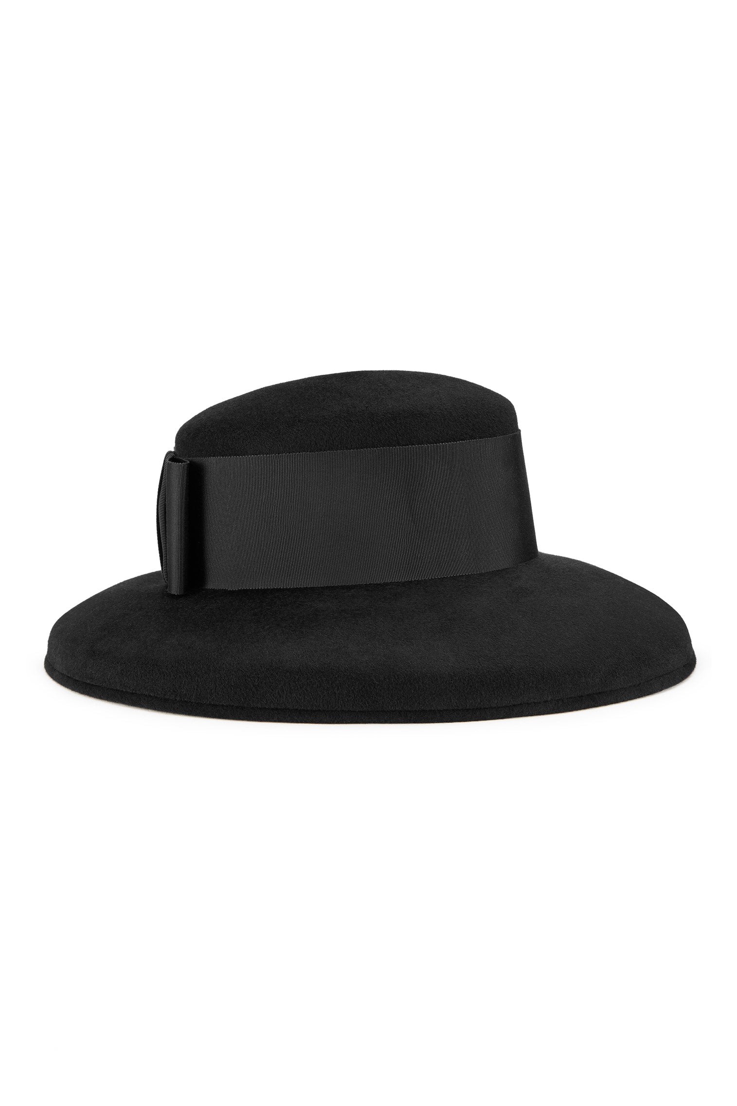 BLACK RABBIT FUR FELT DROP-BRIM HAT WITH WIDE BLACK BAND