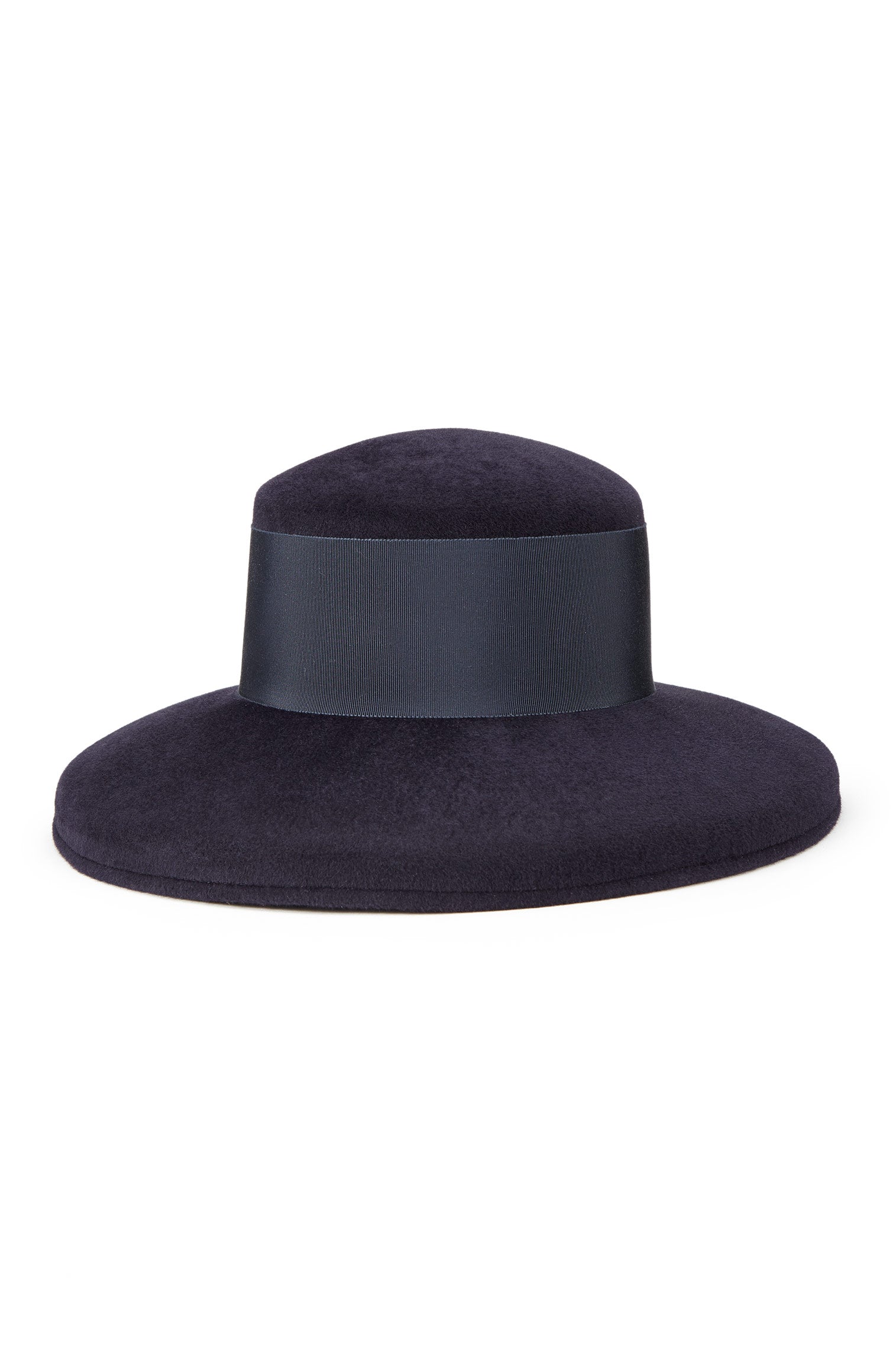 NAVY RABBIT FUR FELT DROP-BRIM HAT WITH WIDE NAVY BAND