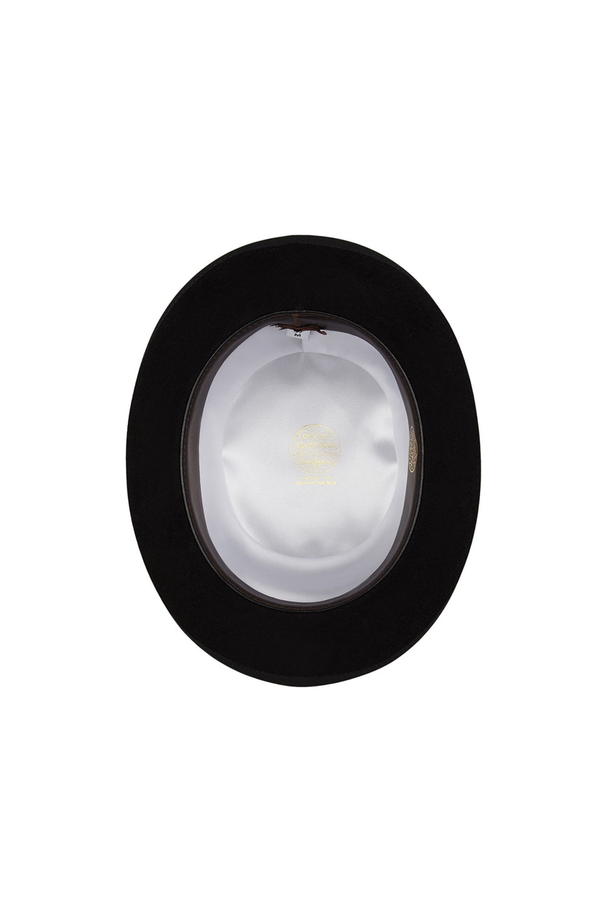 INSIDE OF BLACK FELT BOWLER HAT WITH WHITE LINING AND GOLDEN LOCK &amp; CO. HATTERS LOGO - Lock & Co. Hatters London UK
            