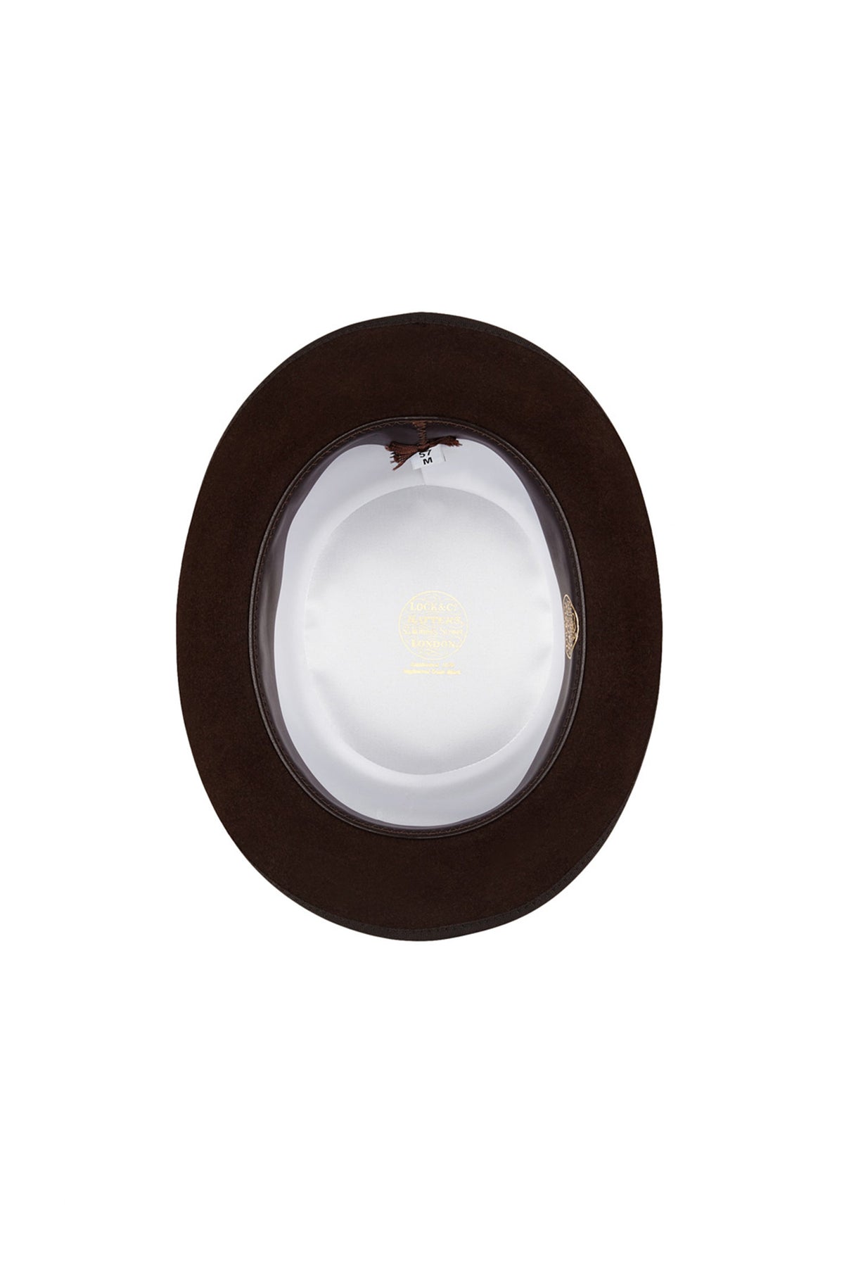 INSIDE OF BROWN FELT BOWLER HAT WITH WHITE LINING AND GOLDEN LOCK &amp; CO. HATTERS LOGO - Lock & Co. Hatters London UK
            