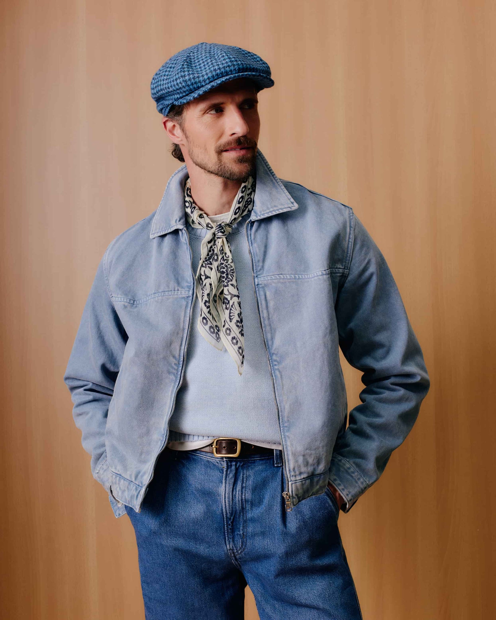 MENS BLUE HOUNDSTOOTH WOOL BAKERBOY CAP