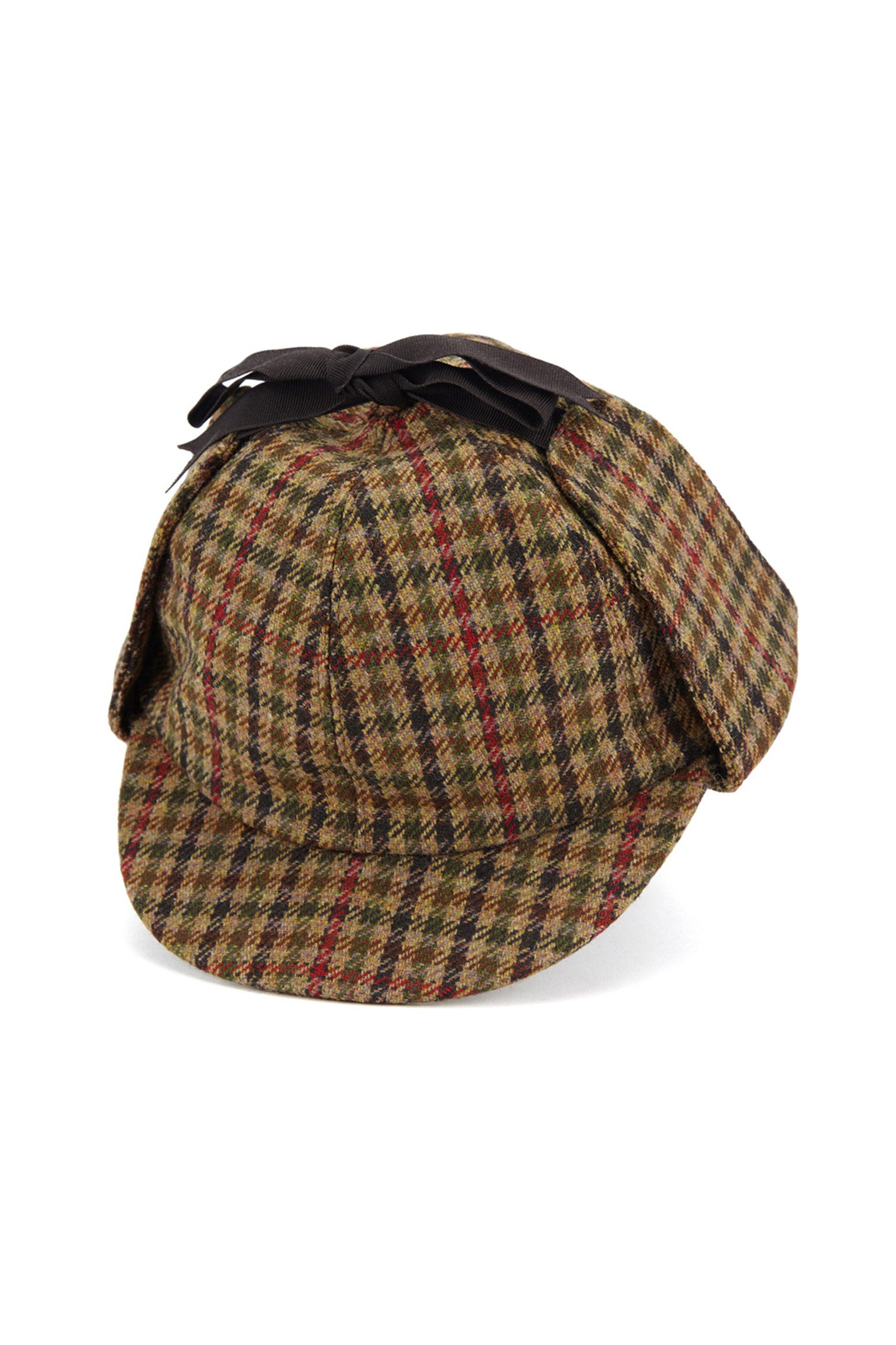 CHECKED BROWN, RED AND GREEN WOOL TWEED DEERSTALKER HAT WITH EAR FLAPS AND A BROWN GROSGRAIN RIBBON AND BOW