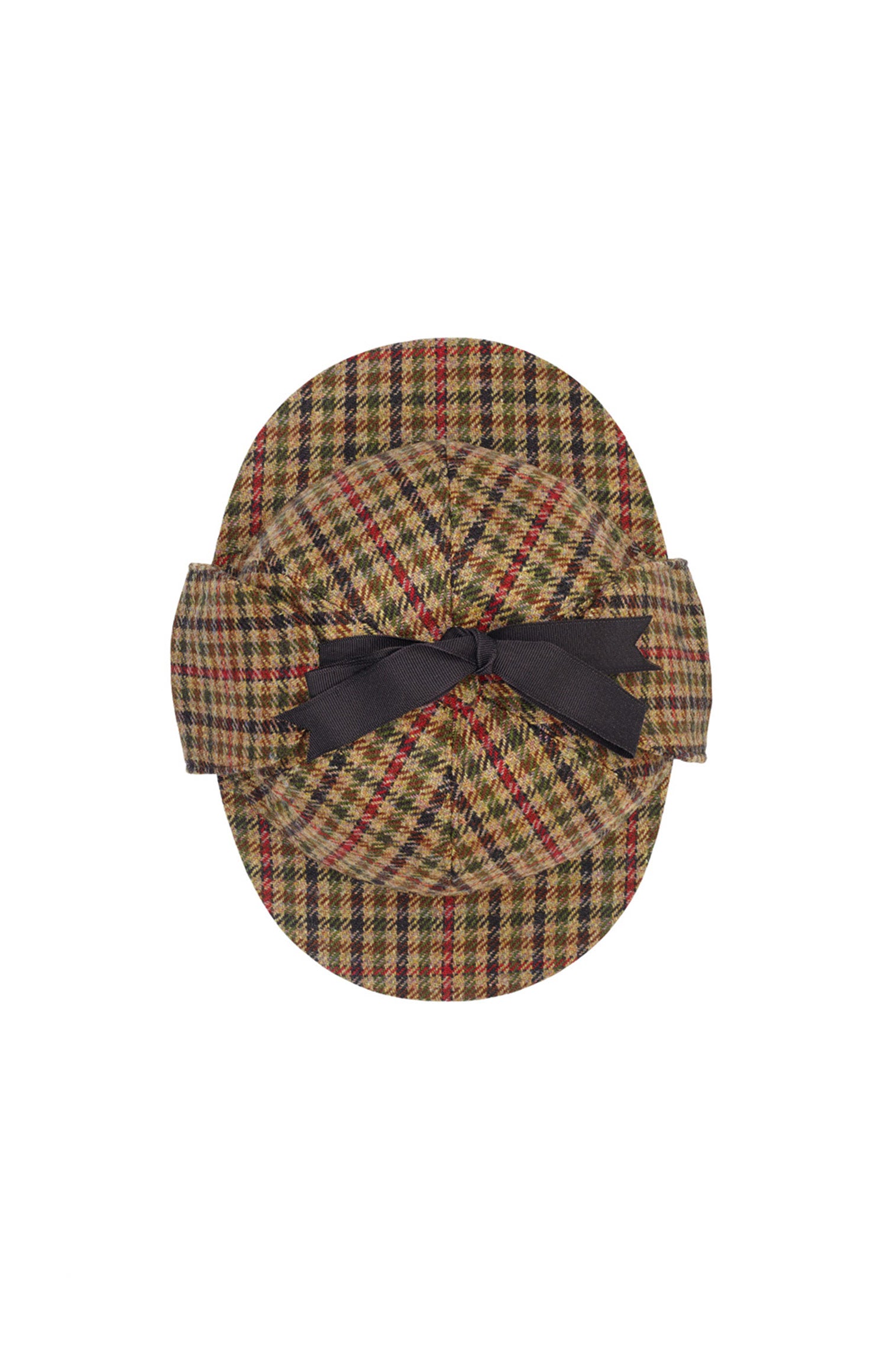 CHECKED BROWN, RED AND GREEN WOOL TWEED DEERSTALKER HAT WITH EAR FLAPS AND A BROWN GROSGRAIN RIBBON AND BOW