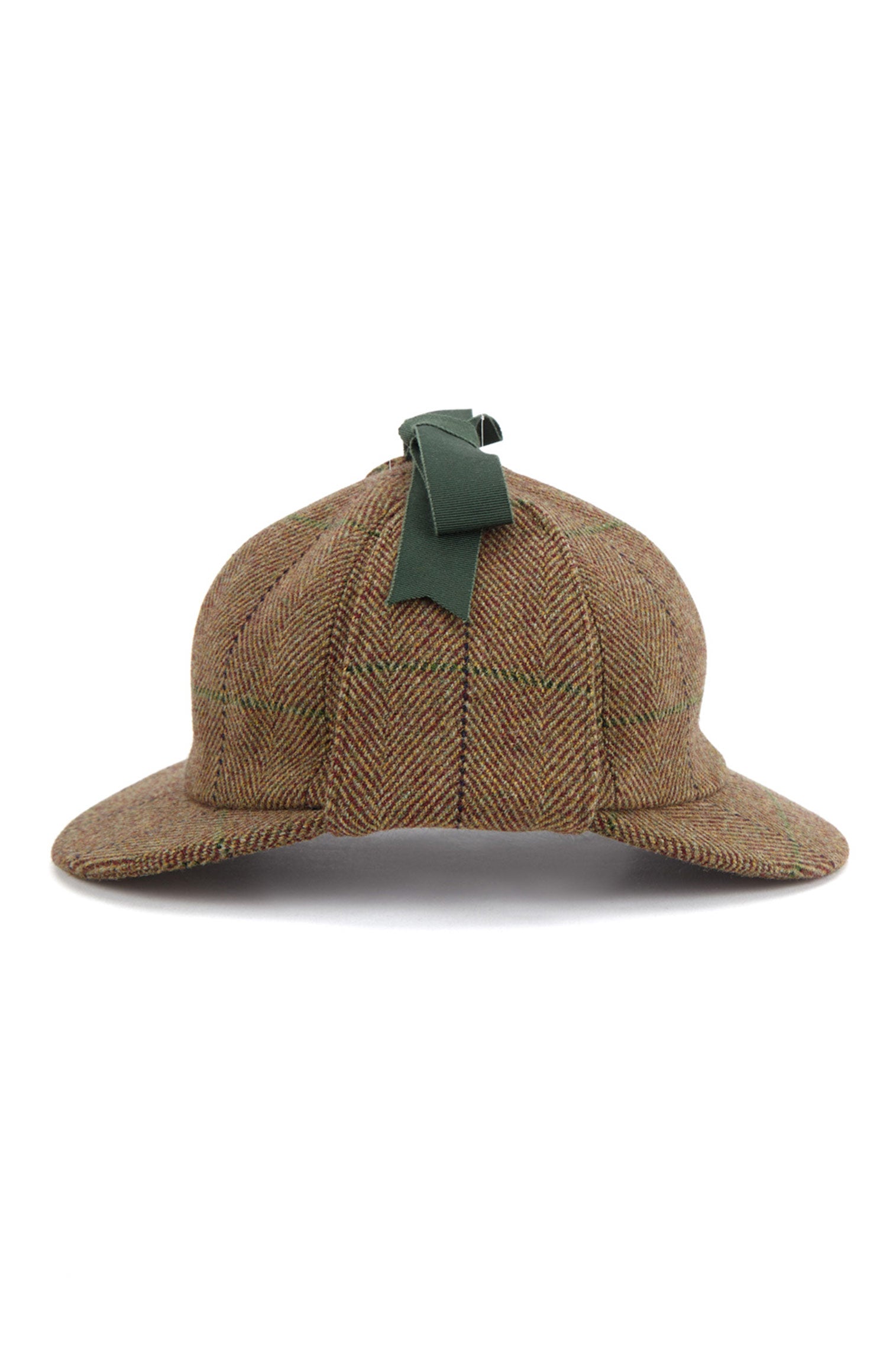 BROWN WOOL TWEED DEERSTALKER HAT WITH EAR FLAPS AND A GREEN GROSGRAIN RIBBON AND BOW