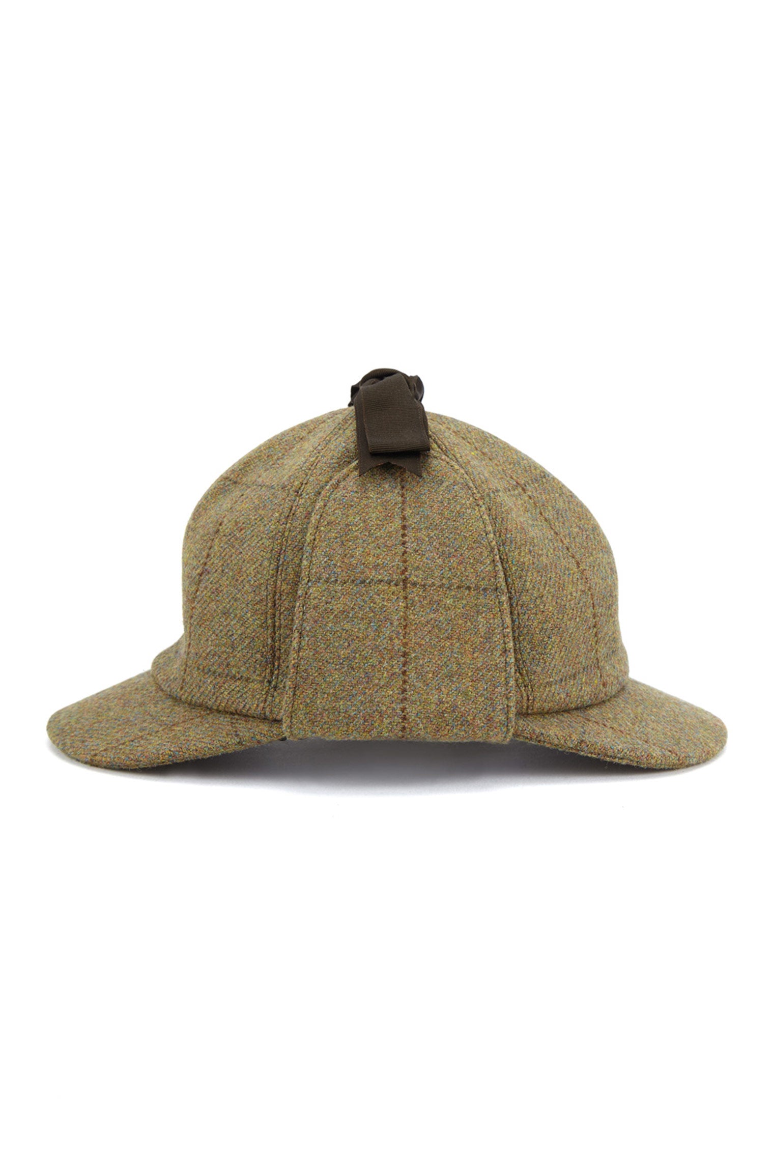 BROWN/GREEN DEERSTALKER WOOL TWEED HAT WITH EAR FLAPS AND A BROWN GROSGRAIN RIBBON AND BOW