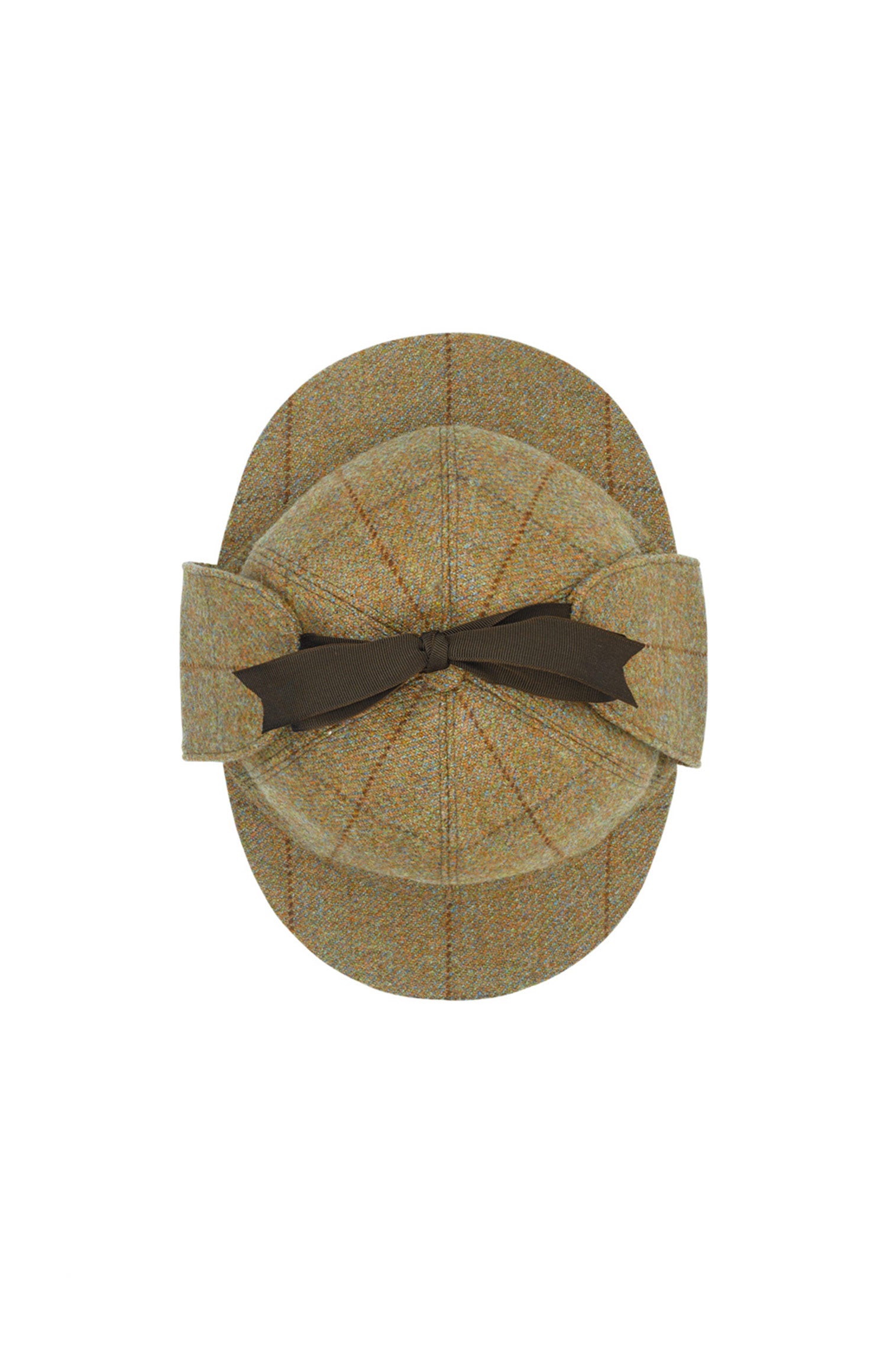 BROWN/GREEN DEERSTALKER WOOL TWEED HAT WITH EAR FLAPS AND A BROWN GROSGRAIN RIBBON AND BOW
