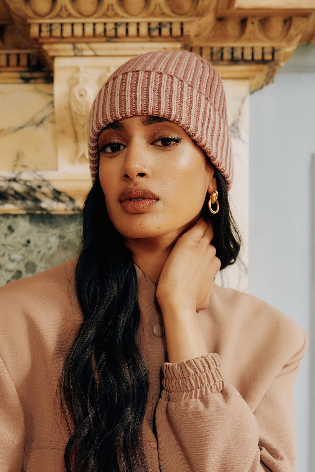 UNISEX PINK &amp; BEIGE CASHMERE RIBBED BEANIE - Lock & Co. Hatters London UK
            