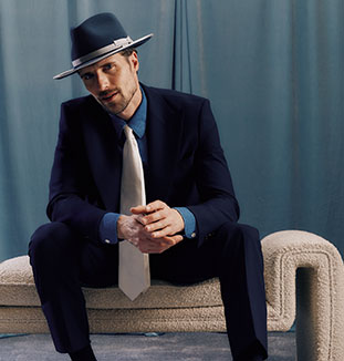 Steel blue rabbit fur felt fedora hat with a silver narrow band and bow