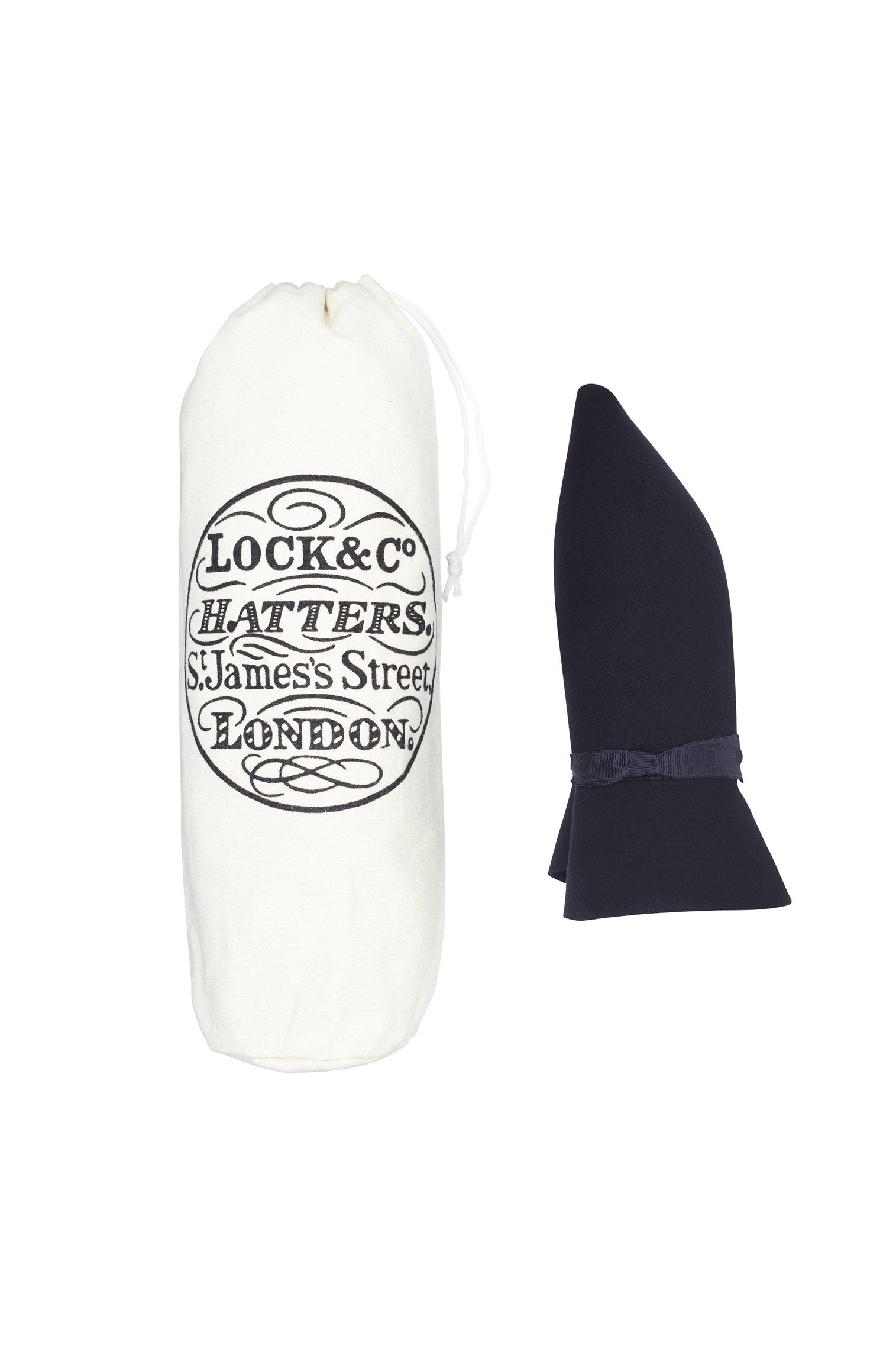 LOCK & CO. HATTERS CANVAS CAP BAG WITH NAVY FELT ROLLABLE TRILBY HAT ROLLED UP