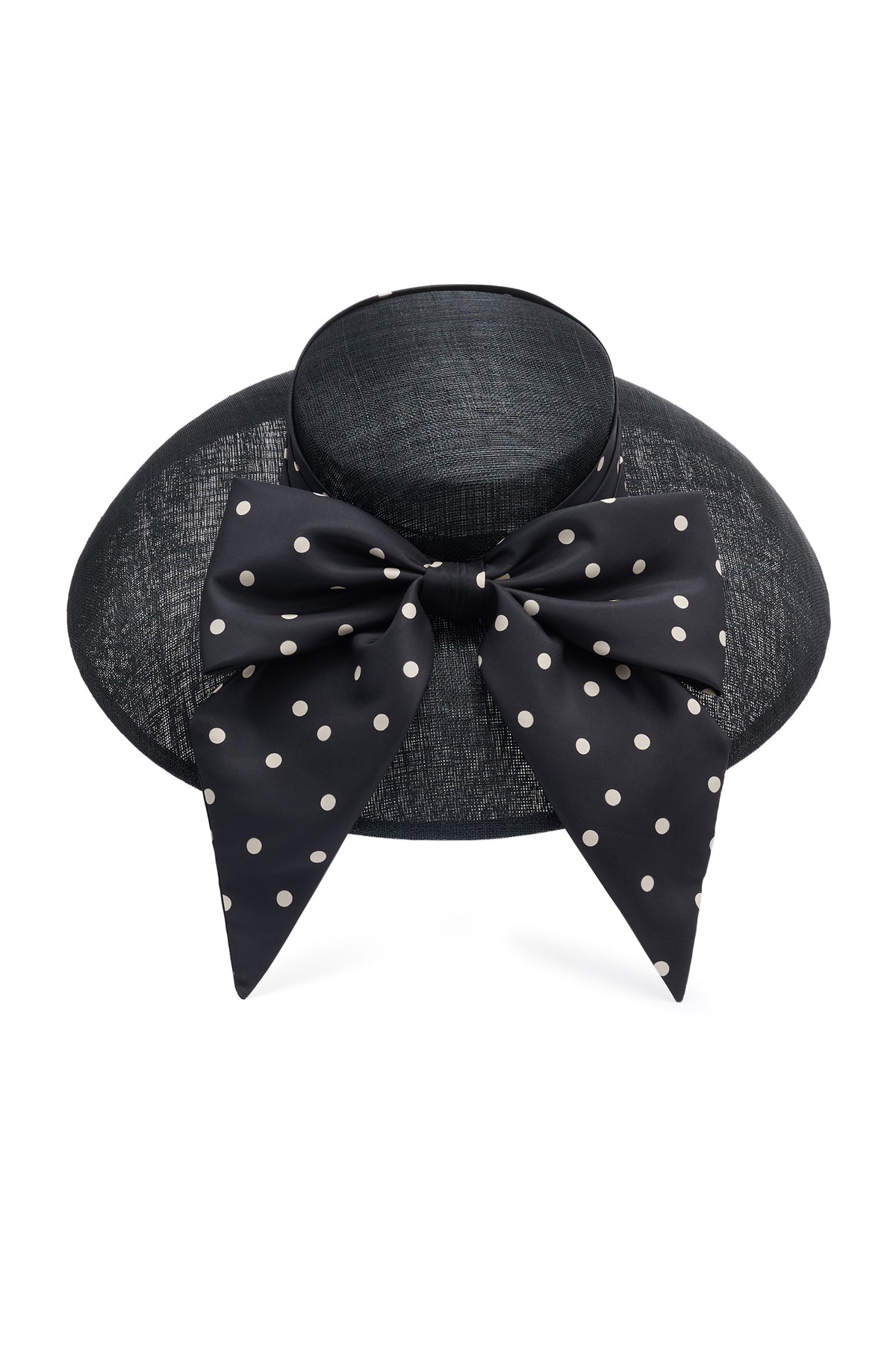 Black sinamay drop brim hat with a silk taffeta polka dot puggery trimband and bow - Lock & Co. Hatters London UK
            