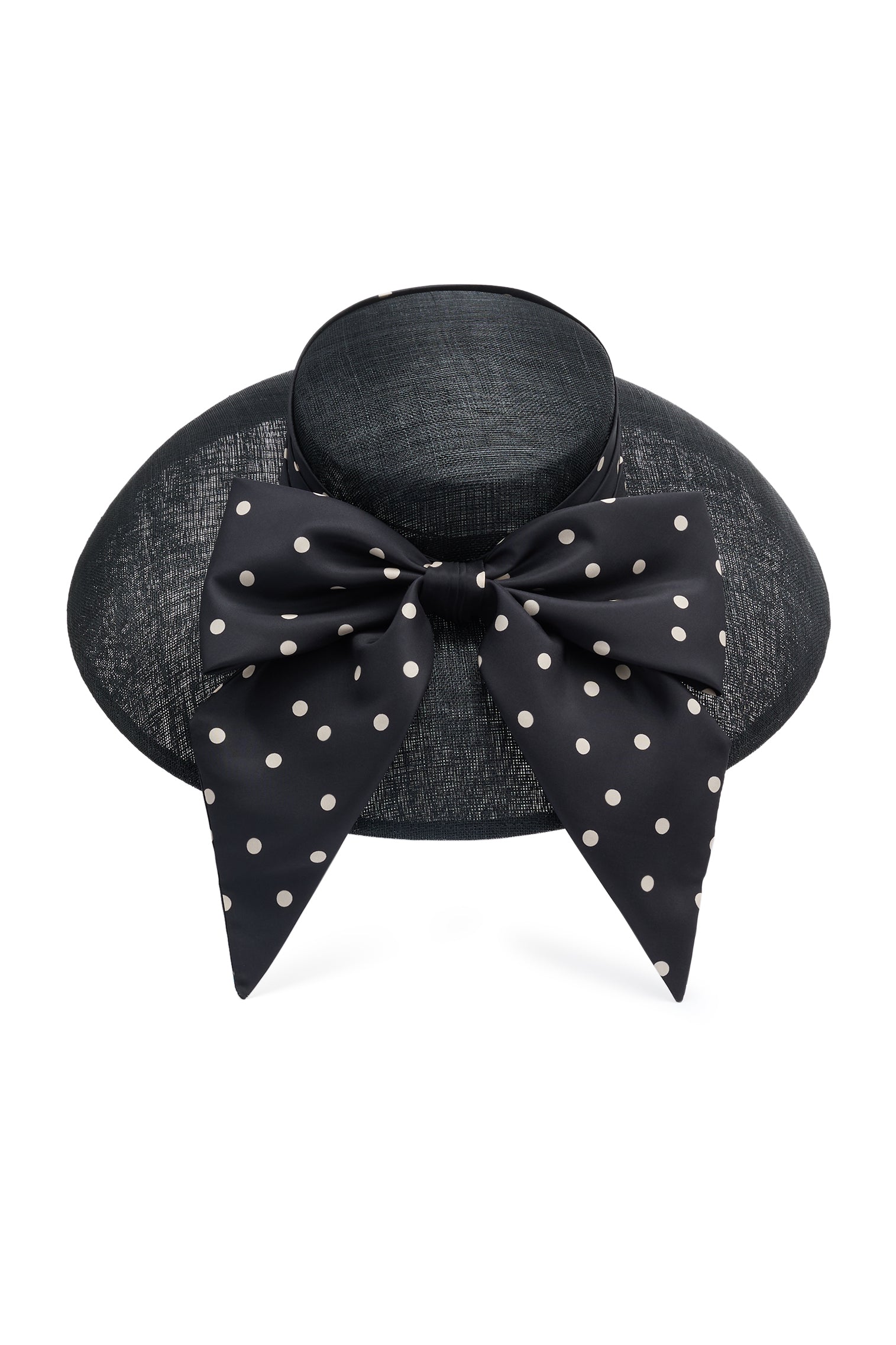 Black sinamay drop brim hat with a silk taffeta polka dot puggery trimband and bow