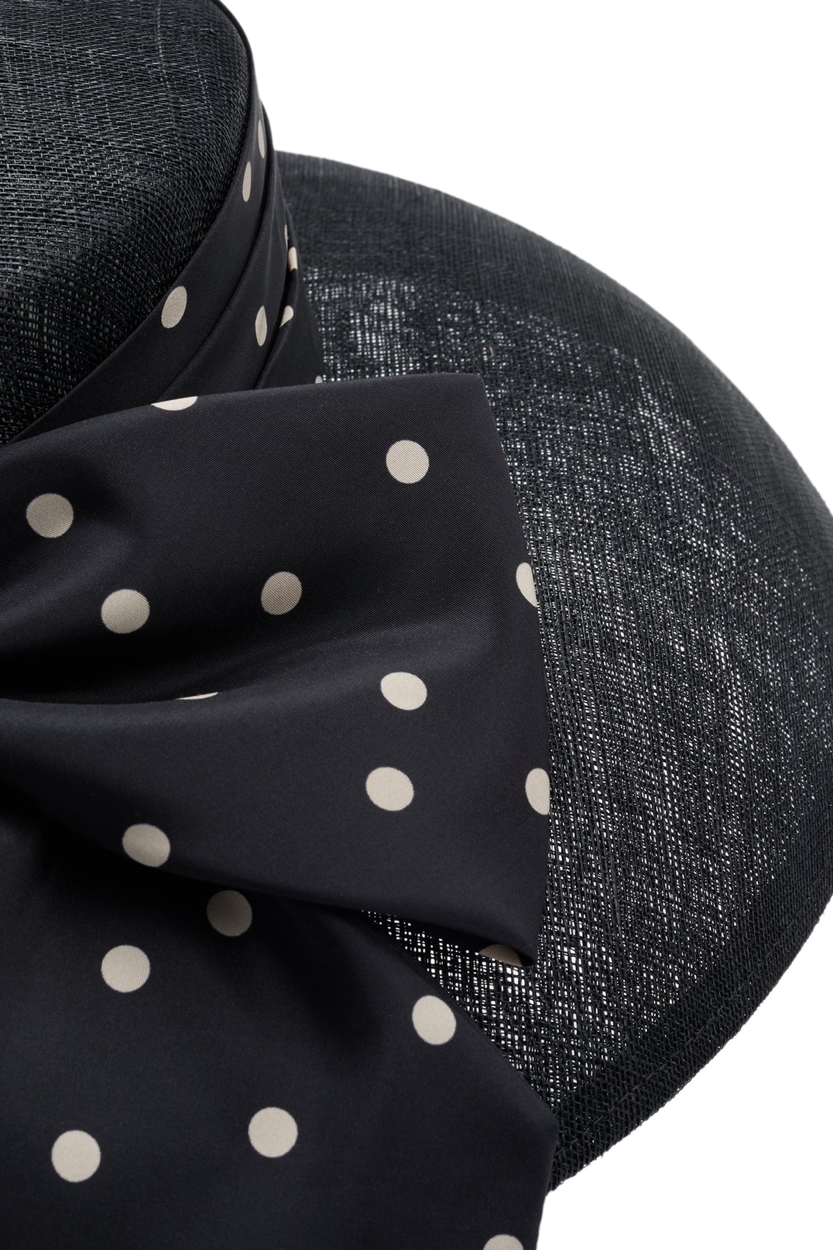 Polka dot puggery trimband and bow on a black sinamay drop brim hat - Lock & Co. Hatters London UK
            