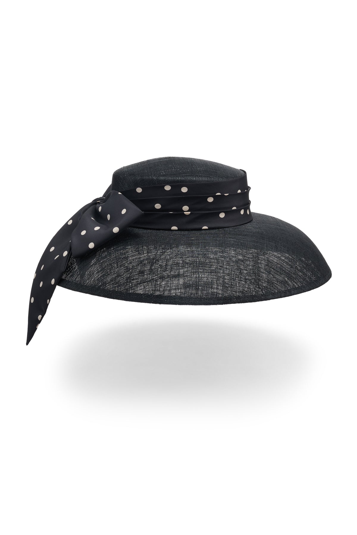 Black sinamay drop brim hat with a silk taffeta polka dot puggery trimband and bow - Lock & Co. Hatters London UK
            