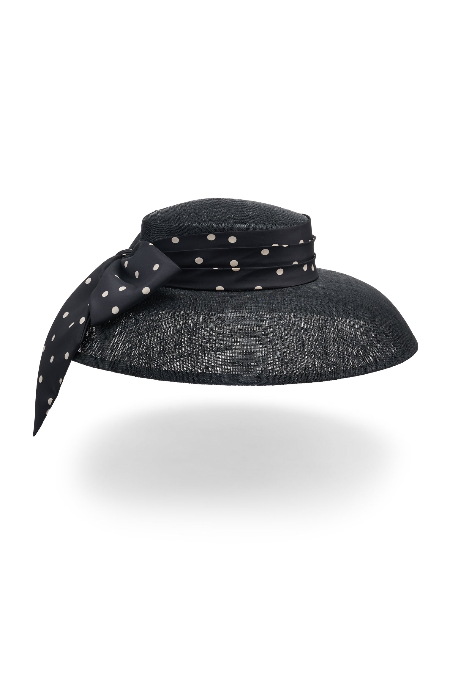 Black sinamay drop brim hat with a silk taffeta polka dot puggery trimband and bow