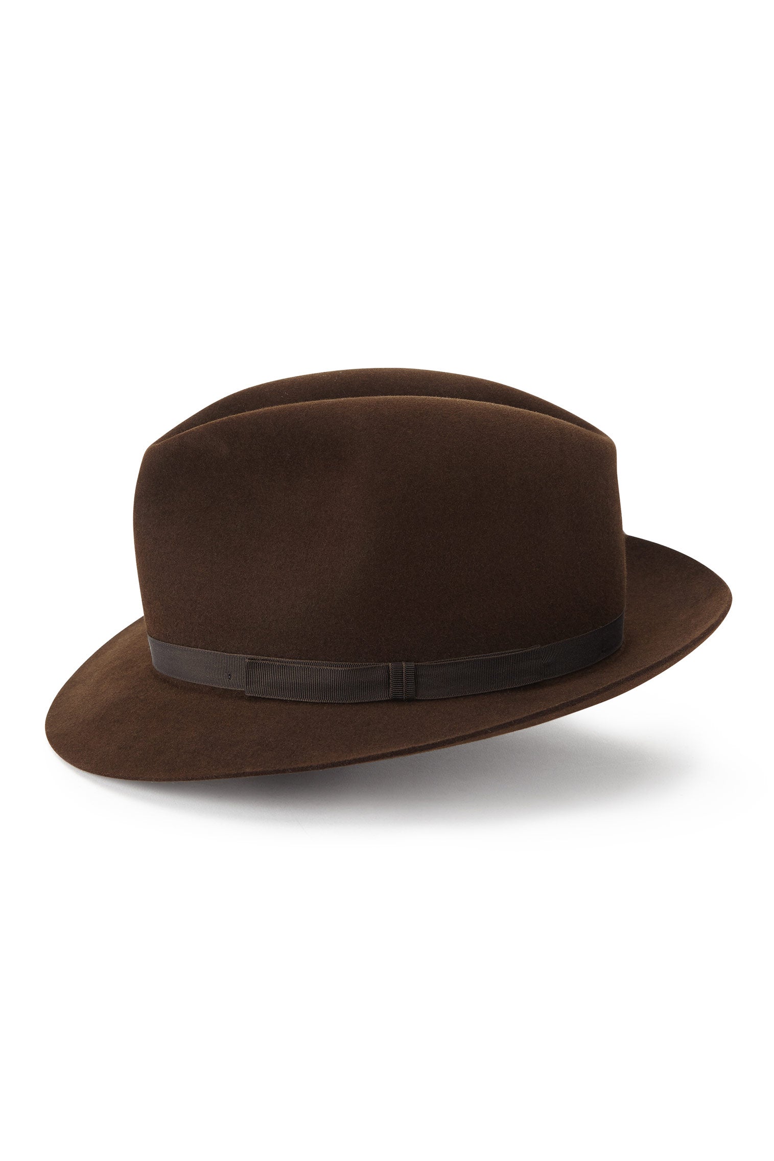 MEN'S BROWN FELT NARROW-BRIMMED TRILBY HAT WITH A NARROW BROWN GROSGRAIN BAND AND BOW