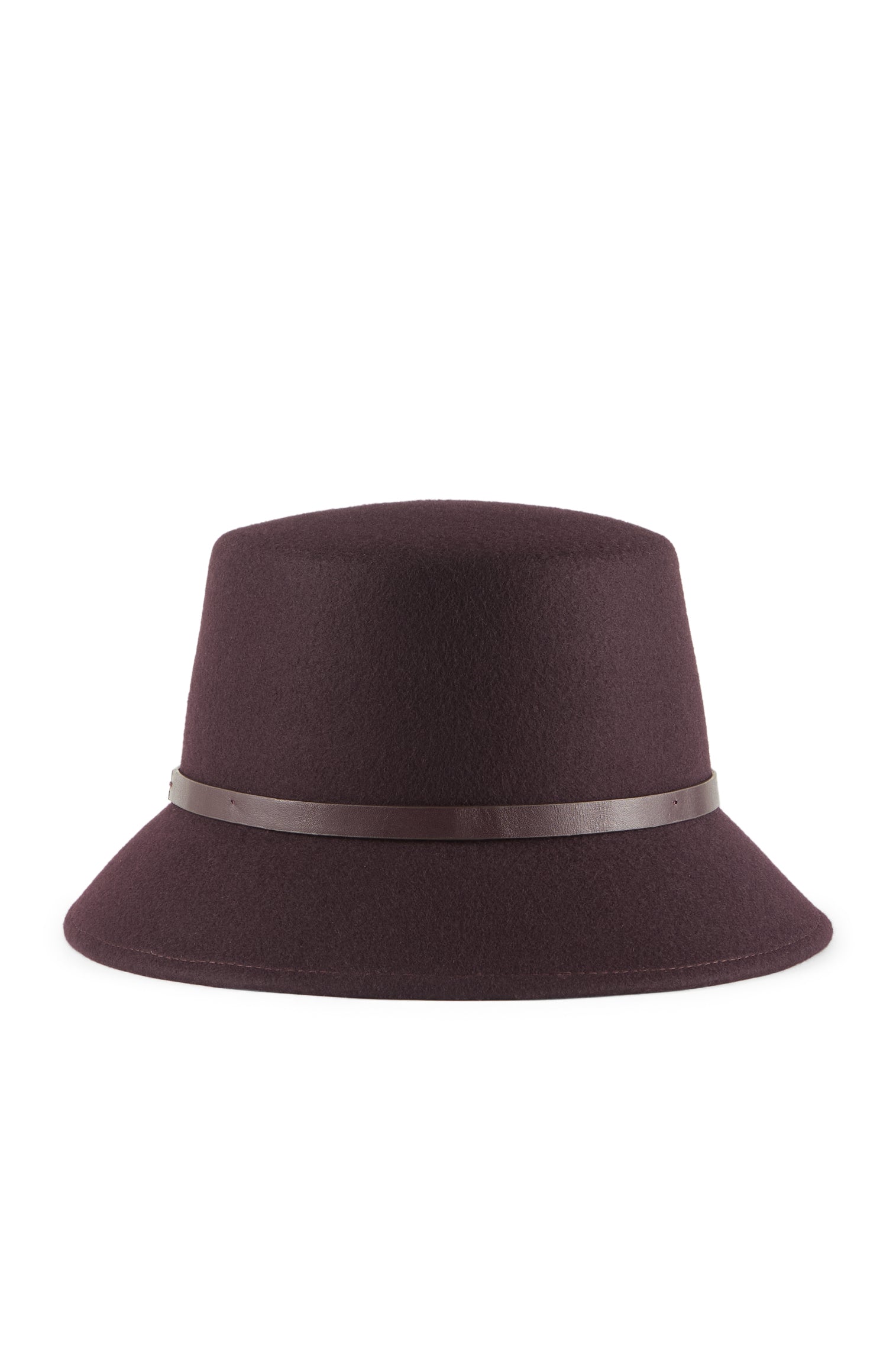 Burgundy wool bucket hat with a leather trim