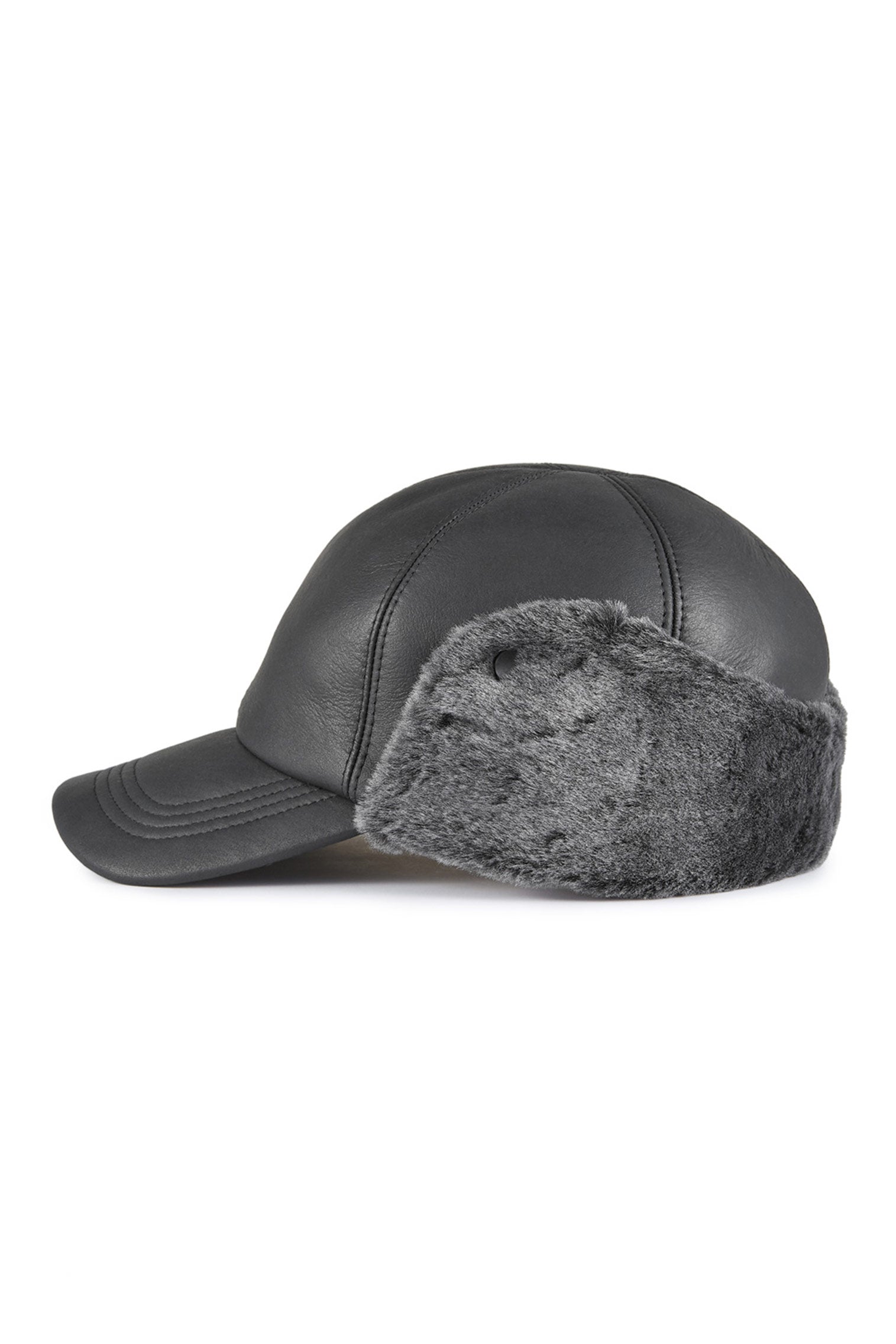 BLACK SHEEPSKIN BASEBALL CAP WITH FAUX FUR  EXTERNAL EAR FLAPS