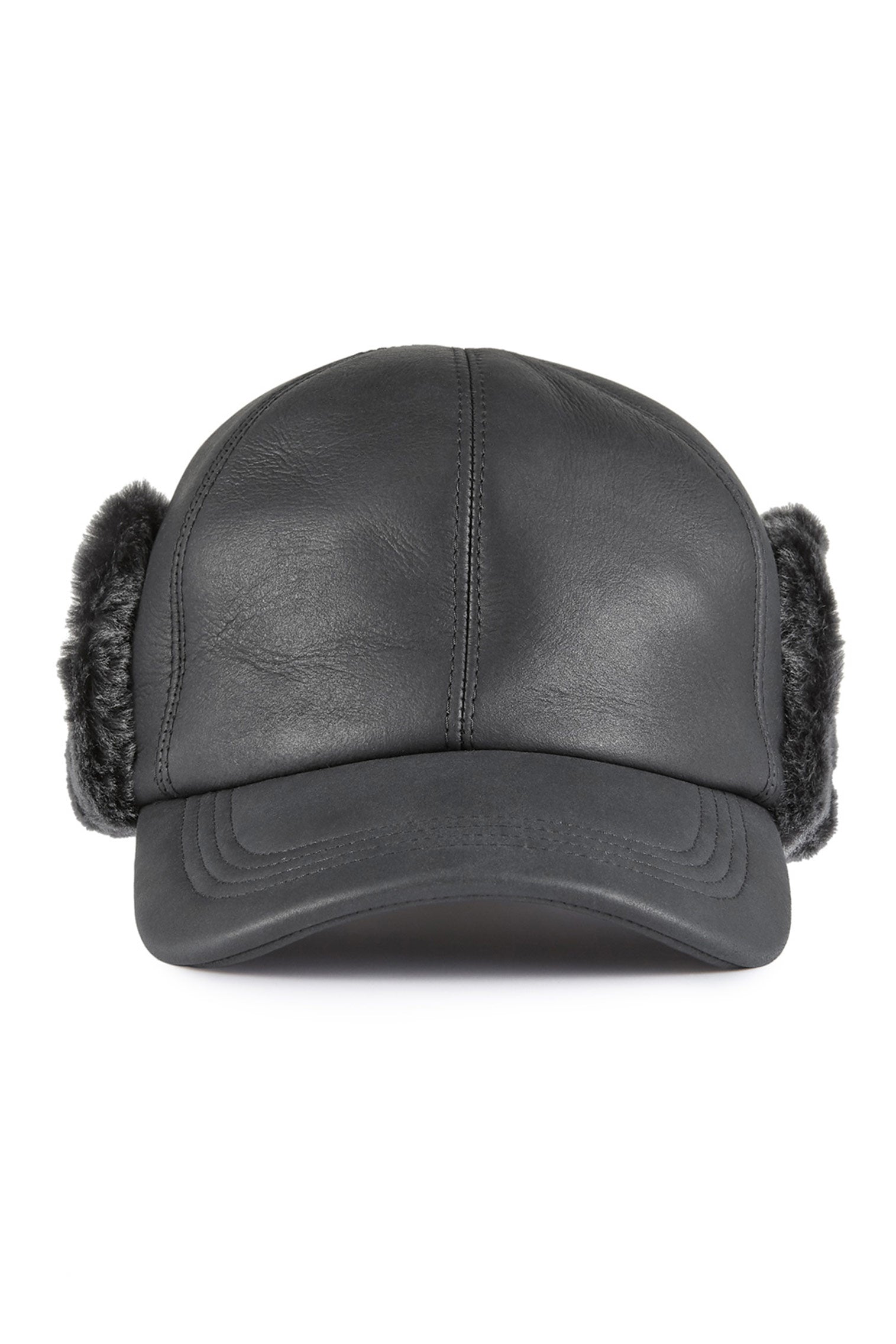 BLACK SHEEPSKIN BASEBALL CAP WITH FAUX FUR EXTERNAL EAR FLAPS