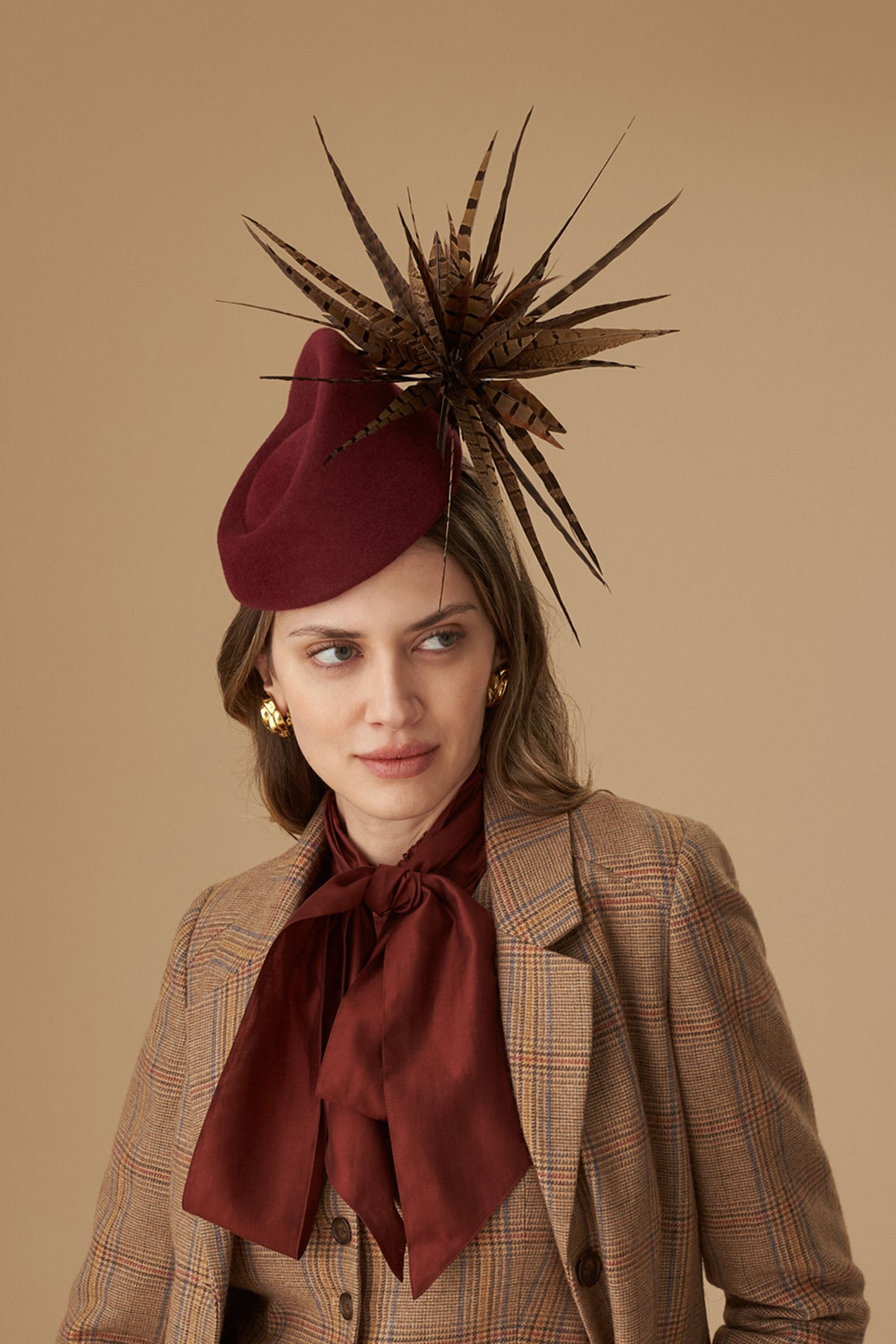 Burgundy Couture Velour Fur Felt Percher Hat With pheasant feathers - Lock & Co. Hatters London UK
            