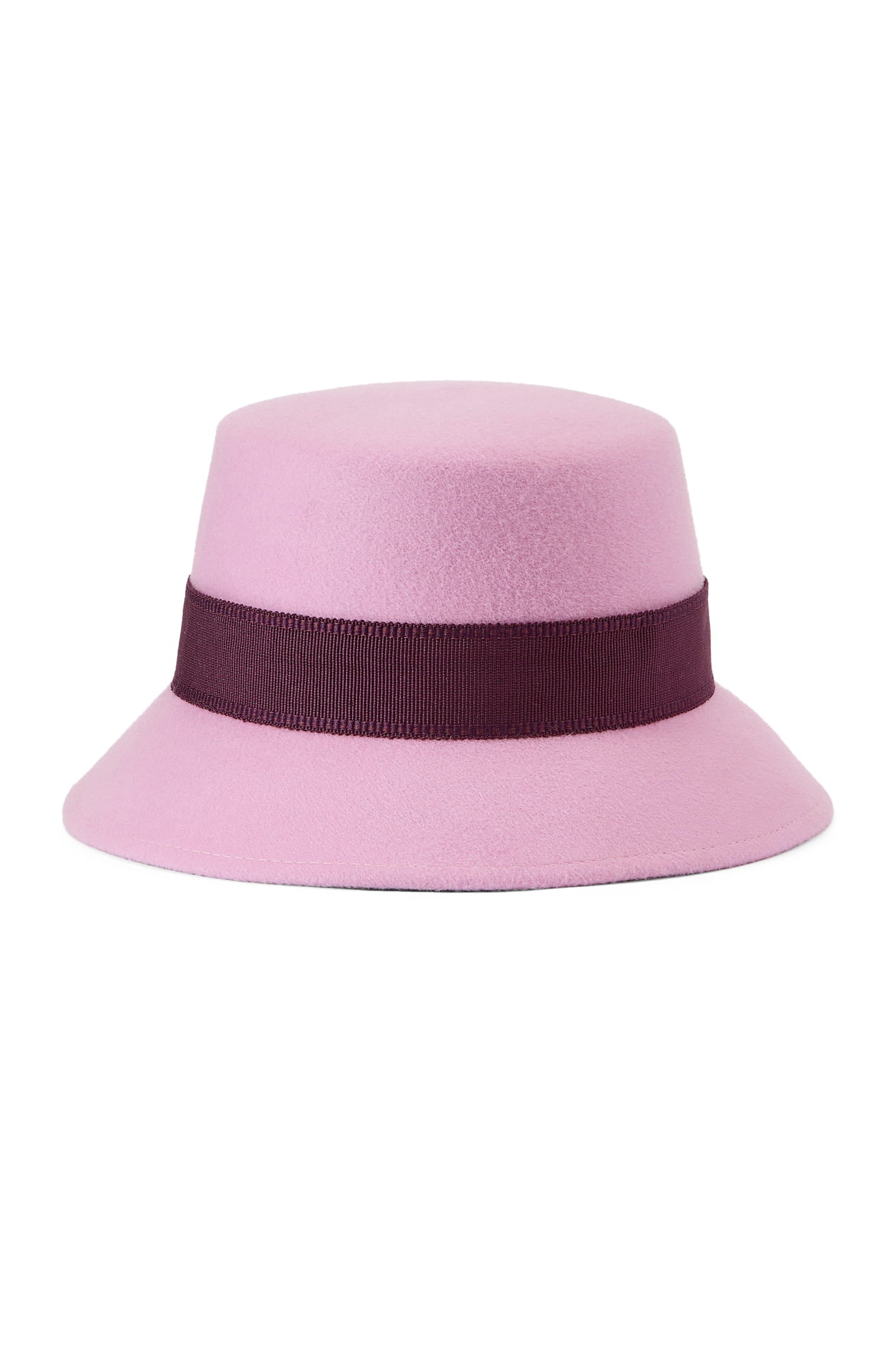 A light pink wool felt hat with a dark burgundy grosgrain ribbon band around the crown.