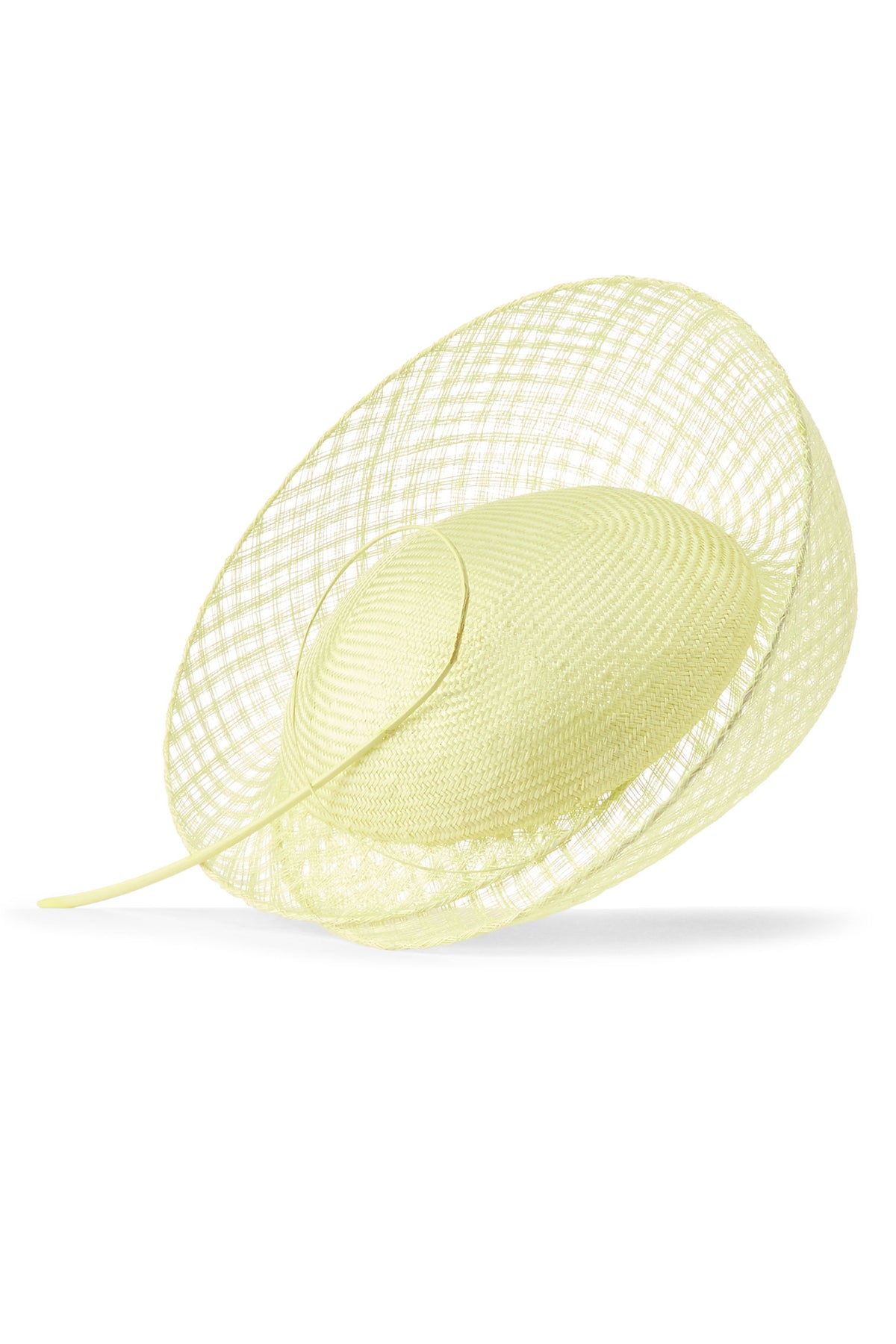 Women's yellow parasisal and mesh sinamay percher hat finished with a hand-curled striped ostrich quill.