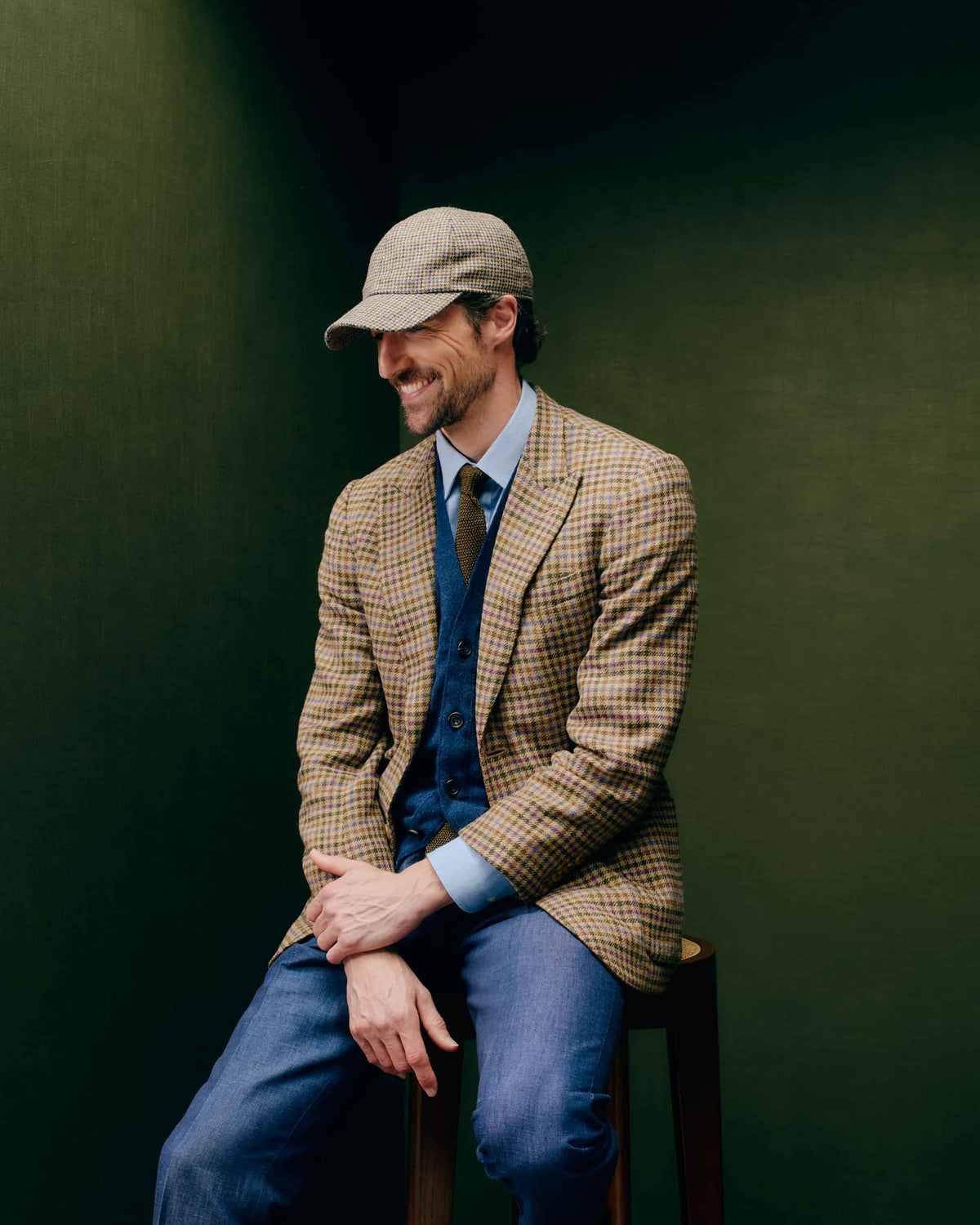 GREEN BLUE TWEED WOOL BASEBALL CAP WITH INTERNAL EARFLAPS