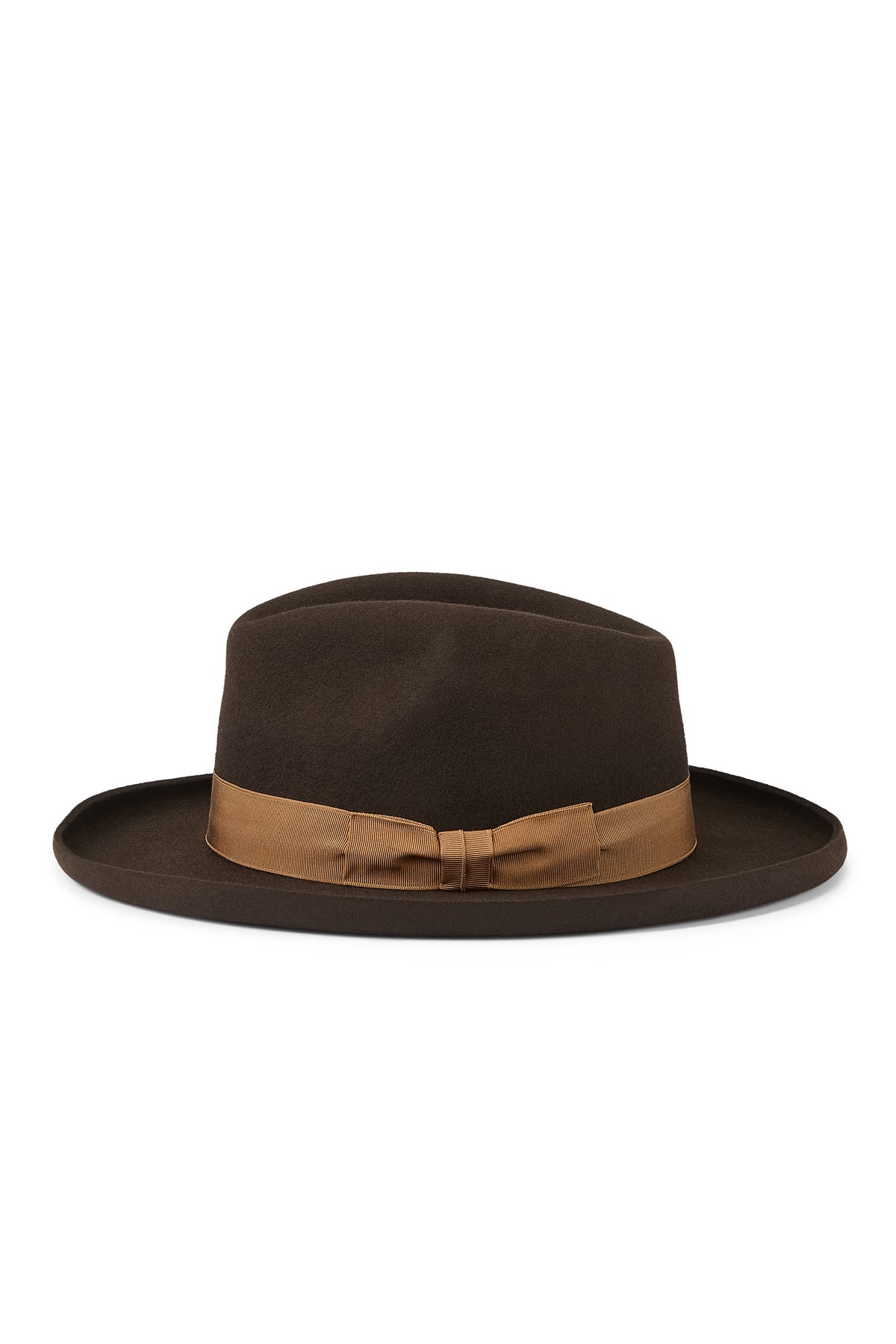 MENS DARK CHOCOLATE BROWN WOOL FEDORA HAT WITH A GROSGRAIN CARAMEL BAND AND BOW AND A PENCIL BRIM - Lock & Co. Hatters London UK
            