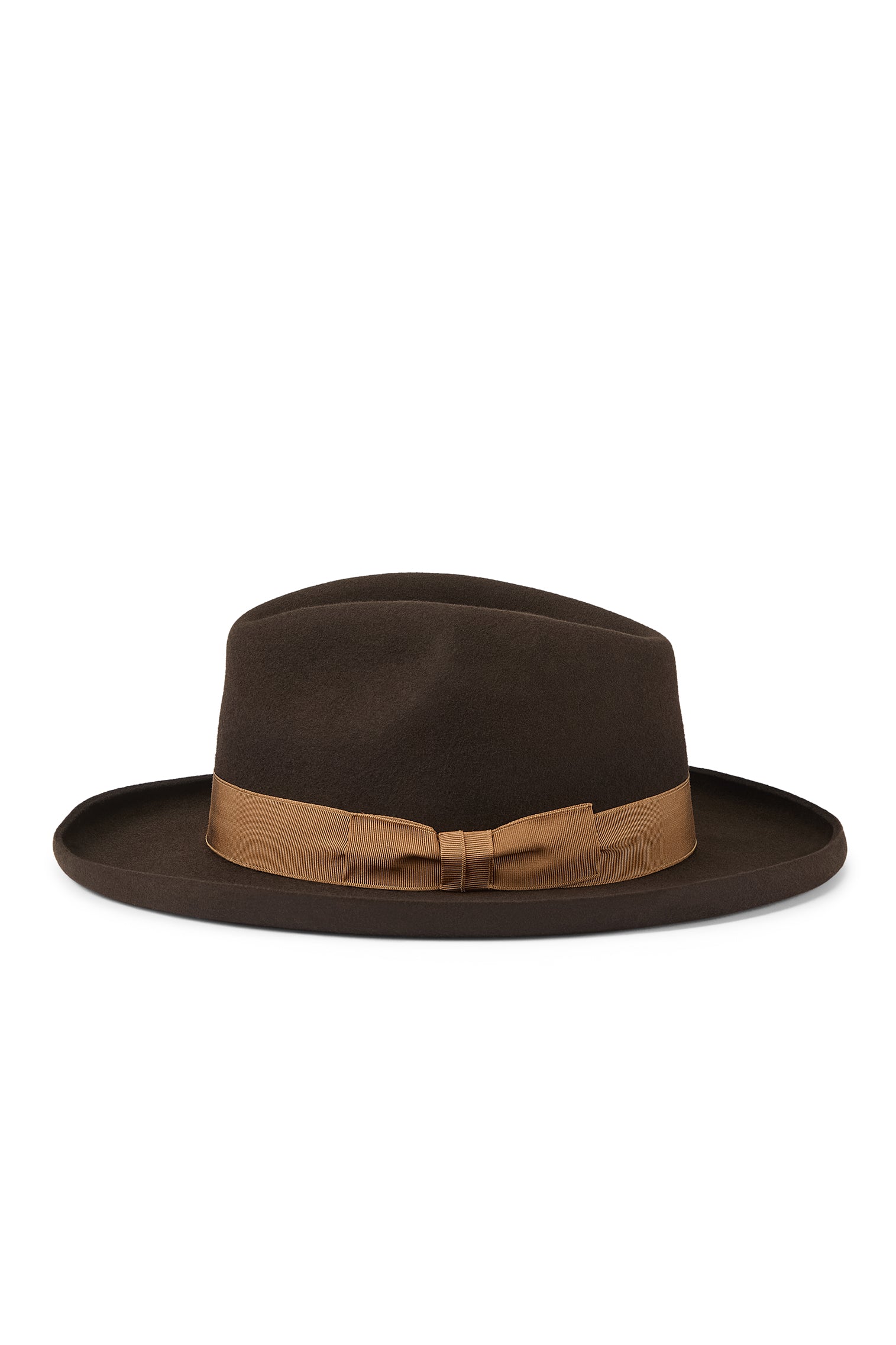 MENS DARK CHOCOLATE BROWN WOOL FEDORA HAT WITH A GROSGRAIN CARAMEL BAND AND BOW AND A PENCIL BRIM