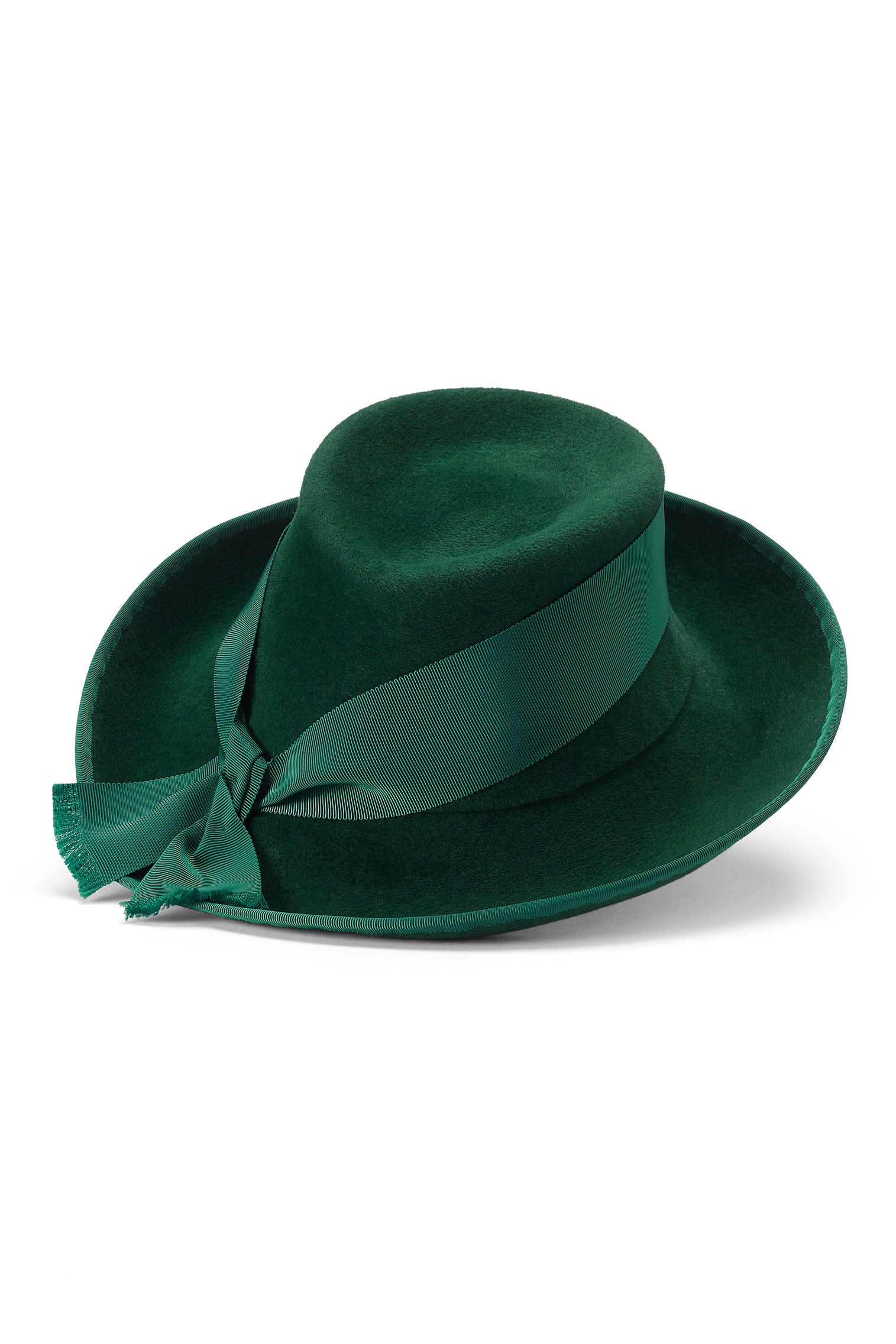 GREEN VELOUR FELT COUTURE TRILBY HAT WITH A MATCHING WIDE GREEN RIBBON