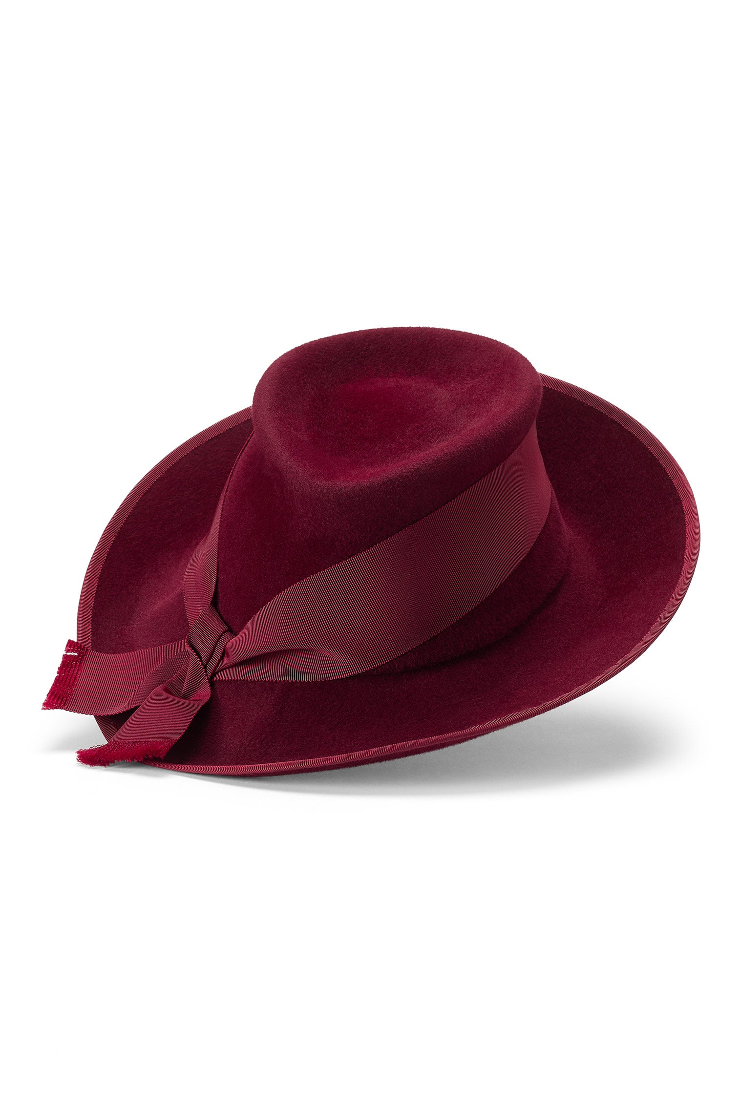 BURGUNDY VELOUR FELT COUTURE TRILBY HAT WITH A MATCHING WIDE BURGUNDY RIBBON